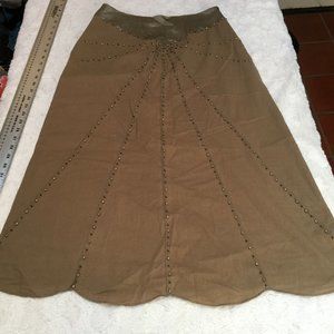 Infusion Women's Linen Cotton Embellished Midi Skirt Size 10 Brown Side Zipper